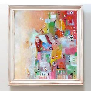 abstract painting original canvas, colorful acrylic wall art, yellow pink orange home decor art, modern living room decor, gift wall art