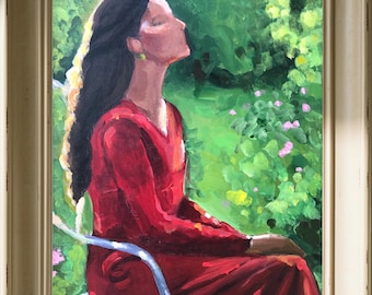 Seated woman in red painting, abstract living room, canvas feminine Impressionism art