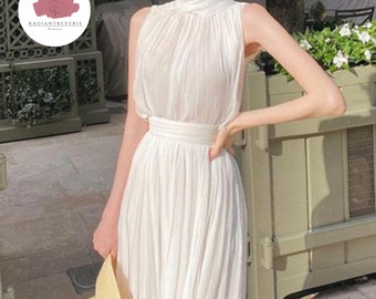 Chiffon Dainty White Dress | Party Long Dress | Sleeveless Clothes | Women's Fashion