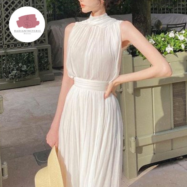 Chiffon Dainty White Dress | Party Long Dress | Sleeveless Clothes | Women's Fashion