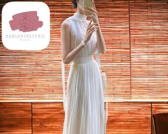 délicate robe blanche en mousseline de soie | Robe longue de soirée | Vêtements sans manches | Mode féminine