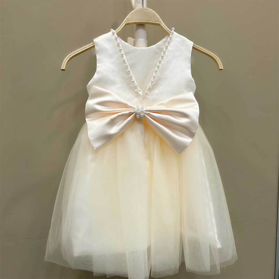 Champagne Tulle Satin Baby Dress,toddler Girl Dress Tulle,pearls Dress