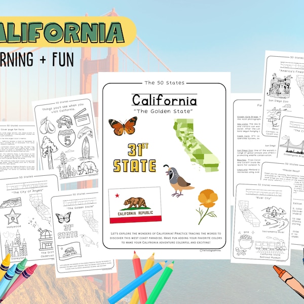 California-The 50 States-coloring pages-learning + fun-facts sheet included