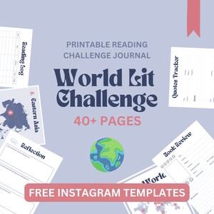 Puede incluir: Diario de desafío de lectura imprimible con un mapa del mundo y el texto "World Lit Challenge 40+ Pages". El diario incluye páginas para hacer un seguimiento de los libros leídos, las citas y las reflexiones.