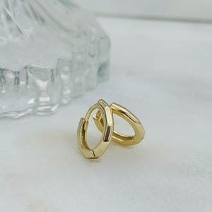 May include: A pair of gold hoop earrings with a slightly squared shape. The earrings are small and delicate.
