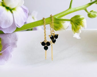 Flower Chain Threader Earrings by Glance of Glow, Black CZ Flower Earrings, Silver or Gold plated Threader Earrings, GE2402G14