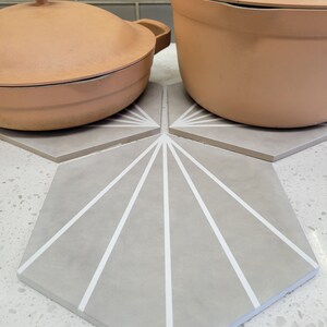 May include: Two peach-coloured cooking pots with lids sit on grey hexagonal trivets with white linear designs. The pots have rounded shapes and matching lids. The trivets are arranged in a starburst pattern on a white countertop.