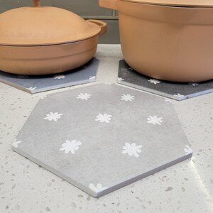 May include: Two terracotta pots with lids sitting on grey hexagonal trivets with white floral designs. The trivets are on a white countertop.