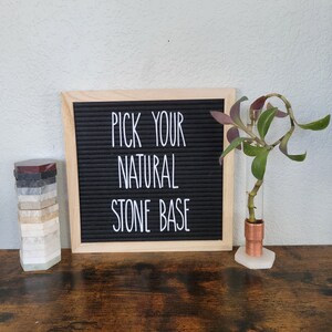 Peut inclure: Un tableau noir en feutre avec le texte "PICK YOUR NATURAL STONE BASE" en lettres blanches. Une pile de carreaux de pierre hexagonaux de différentes couleurs et un vase de propagation en verre avec une plante sont également visibles.