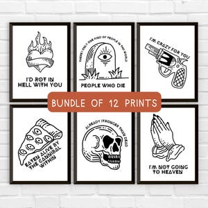 Puede incluir: Un conjunto de 12 impresiones de arte de pared imprimibles en blanco y negro con varios temas de humor negro y góticos. Las impresiones presentan ilustraciones de una calavera, una pizza con ojos, un corazón con llamas, una pistola, manos rezando y una lápida con un ojo.