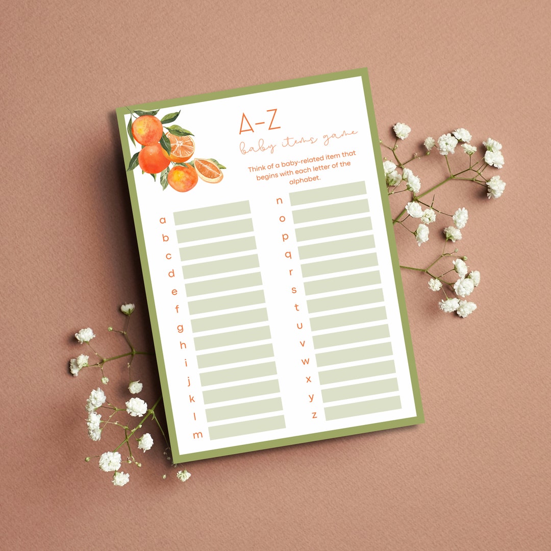 Editable Little Cutie on the Way Baby Shower A-Z Baby Items Game, Girl ...