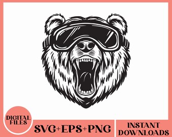 Dangerous Bear Wear Snowboard Goggles Svg | Shaggy Grizzly Bear Svg | Barking Bear Svg | Grizzly Bear Head Svg | Cricut | Png