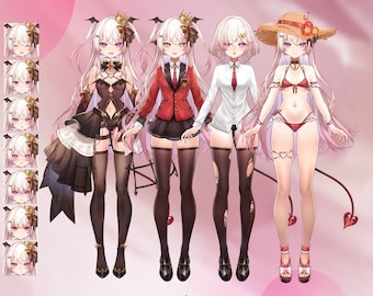 May include: Four different outfits for a pink-haired anime character with a devil tail. The outfits include a black and white dress, a red blazer, a white shirt, and a red bikini.