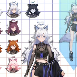 May include: A digital illustration of a white wolf-like character with blue eyes, white hair, and a crown. The character is wearing a black and blue outfit with a black choker and a black belt. The character is standing on a white and blue checkered background.