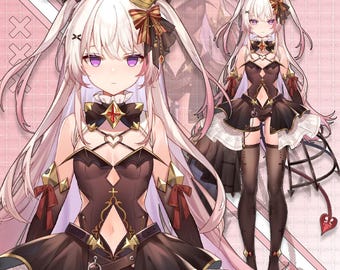 May include: A digital illustration of a female anime character with long pink hair, wearing a black and brown outfit with a red bow and a gold crown. She has purple eyes and a heart-shaped necklace.