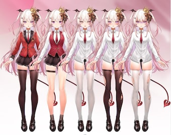 May include: A series of anime-style illustrations of a character in various school uniform outfits. The character has long, light pink hair, purple eyes, and a small crown. Outfits include a red blazer, a red vest, and a white button-down shirt, paired with a black skirt and stockings.