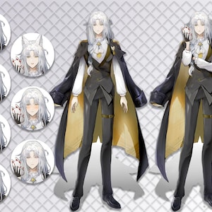 May include: A white-haired character wearing a black suit with a gold waistcoat and a long black and gold coat. The character has a variety of facial expressions in the smaller images.