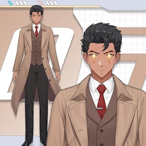 Puede incluir: Ilustración de una persona con una gabardina color canela, un chaleco marrón, una camisa blanca, una corbata roja y pantalones negros. La persona tiene cabello oscuro y está de pie frente a un fondo marrón claro.