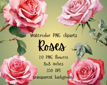 Watercolor Rose Clipart, Pink Floral Clipart, Rose Clip Art, Vintage Roses Clipart, Watercolor Roses, PNG, Commercial Use