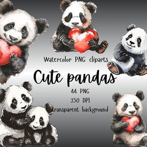 Cute Panda Clipart Bundle, Watercolor Love Clip Art, Valentine&#39;s Day, Bear with heart for Crafts & Design Projects, PNG, Commercial Use
