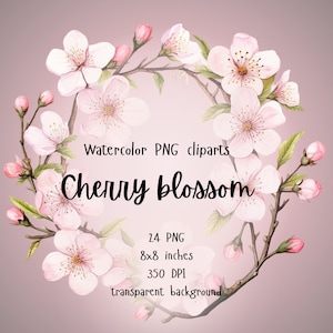 Watercolor Cherry Blossoms, Pink Floral Clipart, Sakura Clip Art, Spring Clipart, Floral Frames, PNG, Commercial Use