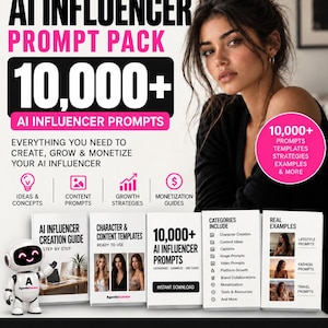 May include: A digital product advertisement titled The Complete AI Influencer Prompt Pack 10,000+ AI Influencer Prompts. It features a woman with dark hair, a small white robot, and text detailing content, growth, and monetization guides.