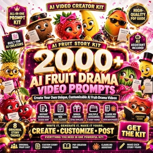 Może przedstawiać: Zestaw do tworzenia wideo AI zawierający ponad 2000 promptów do filmów o owocach. Grafika przedstawia animowane postacie owoców, w tym ananasa, truskawkę, banana, mango, arbuza i jabłko. Tekst zawiera AI VIDEO CREATOR KIT, AI FRUIT STORY KIT, 2000+ oraz CREATE-CUSTOMIZE-POST.