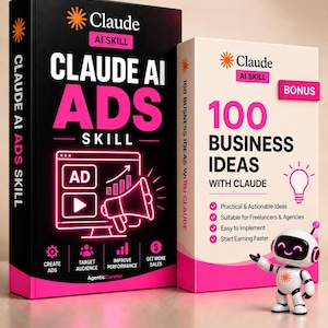 May include: Two rectangular books with black and white covers featuring pink accents. The larger book is titled Claude AI Ads Skill with a neon-style graphic of a computer and megaphone. The smaller book is titled 100 Business Ideas with Claude.