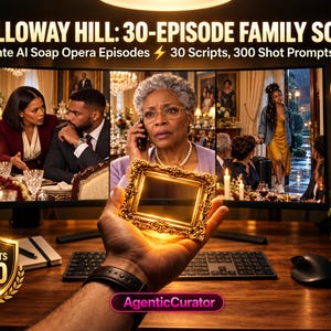 May include: A digital product titled HOLLOWAY HILL: 30-EPISODE FAMILY SOAP featuring 30 scripts and 300 shot prompts for 9:16 reels. The display shows scenes from a soap opera, while a hand holds a small, ornate gold picture frame.