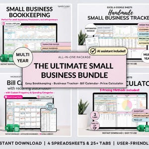 May include: A digital bundle of four spreadsheet templates for small business management, including bookkeeping, business tracking, bill calendars, and pricing calculators. The interface features pastel-colored tabs, charts, and automated dashboards.