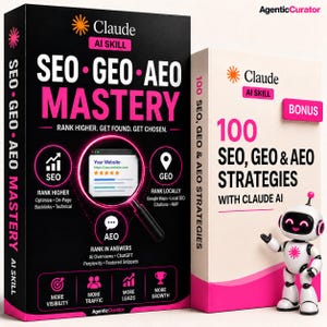 Pode incluir: Um livro preto intitulado SEO GEO AEO MASTERY com texto rosa e um gráfico de lupa, ao lado de um livro branco intitulado 100 SEO, GEO & AEO STRATEGIES WITH CLAUDE AI com um pequeno robô branco e rosa em pé na frente.