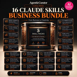Puede incluir: Un paquete de productos digitales titulado 16 Claude Skills Business Bundle con una pantalla central de 5 paquetes de habilidades, 16 habilidades y 151 archivos. El gráfico incluye listas de categorías de sitios web, herramientas de IA y SEO en negro y cobre.