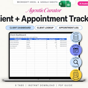 Könnte beinhalten: Eine digitale Kunden- und Terminverfolgungstabelle für Microsoft Excel und Google Sheets. Die Benutzeroberfläche zeigt ein Kunden-Dashboard mit Spalten für Name, Status, Termine, Ausgaben und Daten. Enthält kreisförmige Symbole für Datenbank, Buchungsprotokoll, Suche und Aufgabenverfolgung.