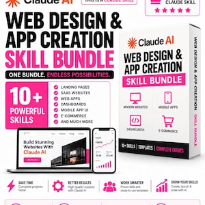Könnte beinhalten: Eine digitale Produktbox mit der Aufschrift Claude AI Web Design & App Creation Skill Bundle, die einen Laptop und ein Smartphone mit Website- und Dashboard-Oberflächen zeigt, sowie Text, der über 10 Fähigkeiten, Vorlagen und Anleitungen hervorhebt.