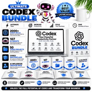 Può includere: Una pubblicità di un pacchetto di prodotti digitali con un robot bianco, un portatile che mostra l'interfaccia Codex e cinque scatole bianche etichettate con 2000+ Codex Skills, 107 AI Agents, 50 Codex Projects, Codex Masterclass e AI Influencer Creator Pack.
