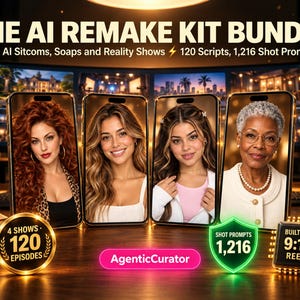 May include: The AI Remake Kit Bundle features text and four smartphone screens displaying portraits of diverse individuals. Graphics include 120 episodes, 1,216 shot prompts, and 9:16 reels compatibility. The AgenticCurator logo is centered below the phones.