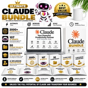 May include: A digital product bundle titled Ultimate Claude Bundle featuring a laptop displaying the Claude interface, a white mug, a small robot character, and various icons representing 2000+ skills, 107 AI agents, 50 projects, and a masterclass.