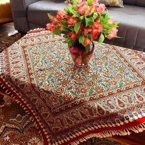Hand-Printed Persian Tablecloth: Bird Design Cotton Ghalamkar Art, gift