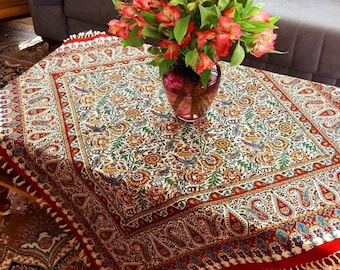Hand-Printed Persian Tablecloth: Bird Design Cotton Ghalamkar Art, gift,  Nowruz Haftseen