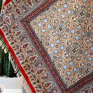 May include: A detailed, colorful rug with a red border and fringe. The rug features a complex pattern of paisley and floral designs in shades of blue, red, green, and cream. The rug is likely made of woven fabric.