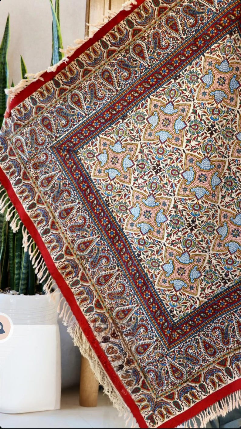 May include: A detailed, colorful rug with a red border and fringe. The rug features a complex pattern of paisley and floral designs in shades of blue, red, green, and cream. The rug is likely made of woven fabric.