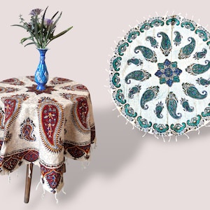 Hand-Printed Ghalamkar Tablecloth: Persian Art Boho Decor (100cm), ghalamkar