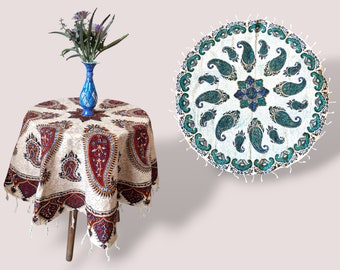 Hand-Printed Ghalamkar Tablecloth: Persian Art Boho Decor (100cm), ghalamkar
