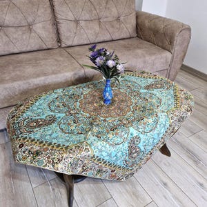 Turquoise Silk Termeh Tablecloth: Persian Paisley Art, Boho Decor (100x100cm), gift