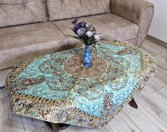 Turquoise Silk Termeh Tablecloth: Persian Paisley Art, Boho Decor (100x100cm), gift , Nowruz,  New year