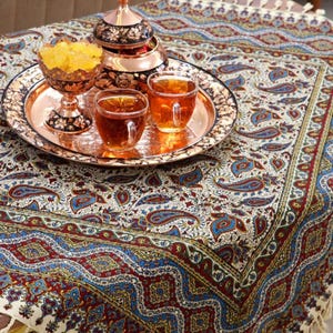 Paisley Ghalamkar Tablecloth: Hand-Printed Persian Cotton (100 x 100 cm), Gift, Nowruz Haftseen image 1