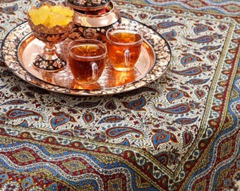 Paisley Ghalamkar Tablecloth: Hand-Printed Persian Cotton (100 x 100 cm), Gift, Nowruz Haftseen
