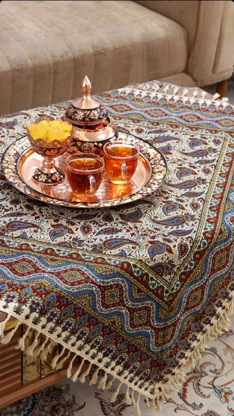 Paisley Ghalamkar Tablecloth: Hand-Printed Persian Cotton (100 x 100 cm), Gift, Nowruz Haftseen image 1