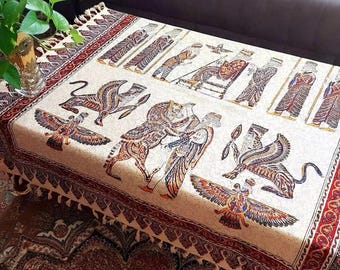 Persian Persepolis Design Handmade Tablecloth  | Cotton Boho Home Decoration |  Haftseen Sofre Ghalamkar 100 x 100| Unique Persian Home Gift