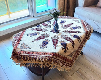 Hand-Printed Ghalamkar Tablecloth | Persian Paisley Art, Boho Decor (100x100cm) | Gift, Nowruz
